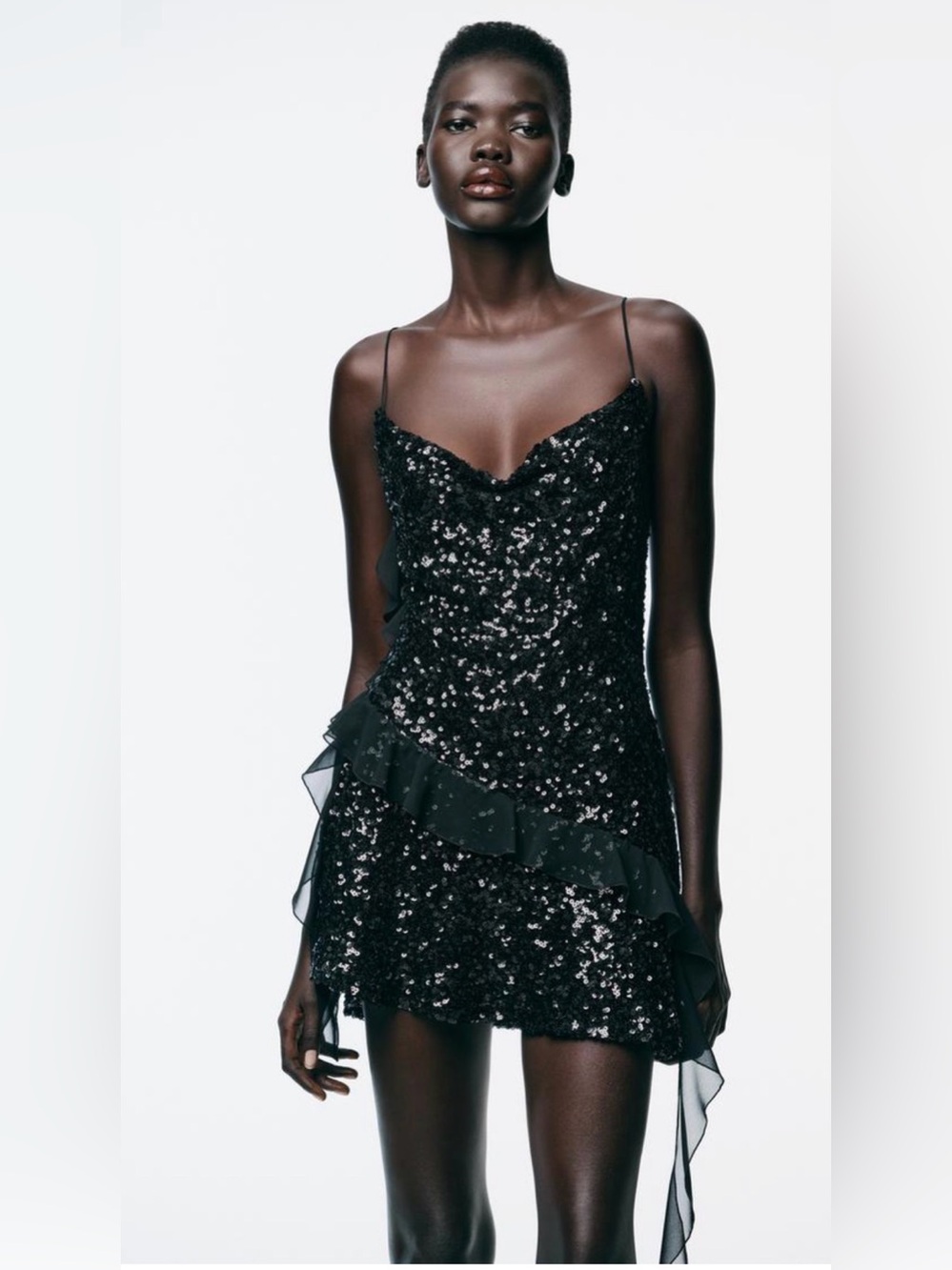 NWT Zara Woman Bloggers Fav SEQUIN RUFFLE MINI DRESS BLACK Size M